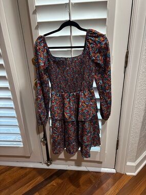 Floral Square-Neck Tiered Long-Sleeve Dress